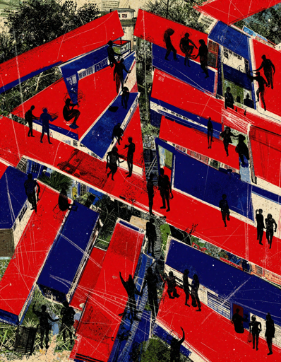 A maze of overlapping red and blue planes. Each surface tilts, stacks, or floats in ways that defy logic, creating a layered, dreamy environment. Scattered across these platforms are silhouettes of people walking, sitting, pausing, and interacting, tiny human moments set against an abstract backdrop.