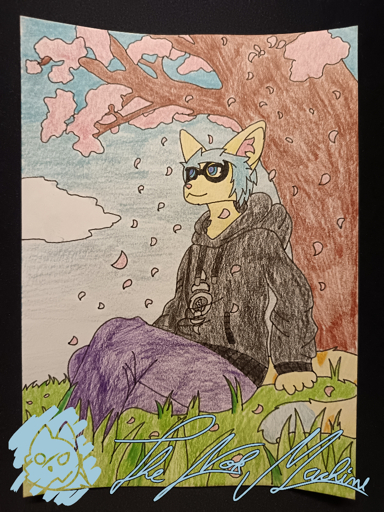 Nokcer, a yellow asian street cat with blue hair, wearing a black mega evolution hoodie and a purple, sitting in the grass under a cherry tree. 