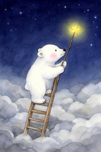 A white bear cub climbs a wooden ladder that rests gently on a bed of fluffy clouds. The night sky stretches deep and blue above, dotted with small twinkling stars. In the bear’s paw is a stick tipped with a glowing yellow star. 