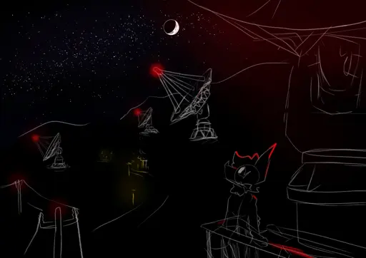 Inkstain sitting on the railing of a Satellite Dish catwalk, looking up at the sky. There are other satellite dishes, all of them pointed in the same direction offscreen, Ink looks towards there too.
Voices of the Void created by EternityDev AKA MrDrNose