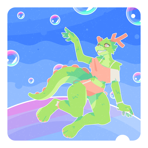 Katie, a small green and pink dragon, sits atop of a huge bubble whilst trying to poke a smaller one with her index finger.