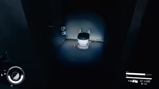 Screenshot from Starfield, showing a bathroom cubical, with a measuring tape on the floor next to the toilet