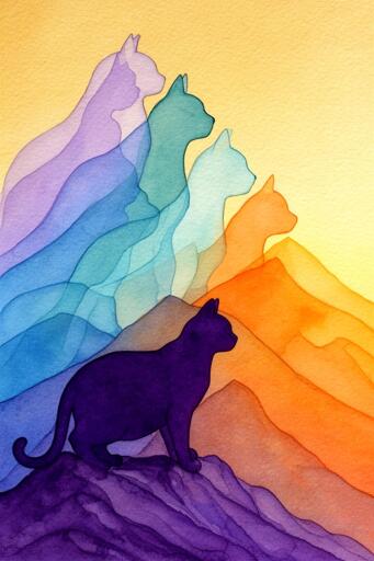 Layered silhouettes of cats on a rise one behind the other, each one shifting in color as they move toward the closest figure in deep purple and a background that melts into a sunrise‑like warm orange.