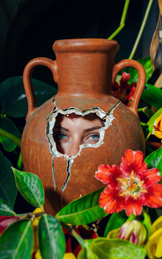 A large brown ceramic vase sits among lush green leaves and bright red, yellow, and green flowers crowding around it. A jagged, irregular opening has been broken into its center. Through that opening, a pair of human eyes stare out.