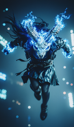 A figure in a dark modern outfit hurtles forward through a space filled with glowing blue and white lights. Their face is hidden behind a horned skull mask, with bright blue energy pouring out from behind it, wrapping around the mask and their hands. Their pose is dynamic, like they’ve just launched themselves into the air and are about to strike.