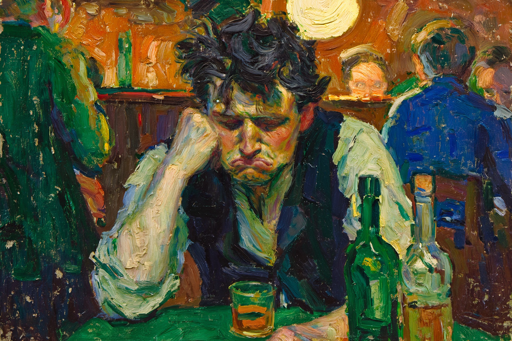 A person sits at a table in a dim, lively bar. Their dark hair is tousled, and they rest their head on one hand, staring down at a glass filled with amber liquid. Two bottles — one green, one clear — sit in front of them. Behind them, loosely painted figures gather and move, rendered in warm strokes of orange, brown, and green. The thick, textured brushwork and vivid contrasts give the scene a sense of atmosphere and introspection.