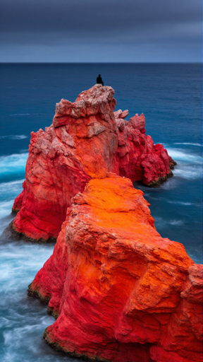 A vivid red and orange coastal rock formation, its surface almost ember‑like against the deep blue ocean. A lone figure sits at the very end, giving the whole scene a sense of scale and introspection as waves lap gently at the base, and the sky hangs heavy with clouds.