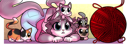 Freshly transformed anthro cat and four feral cats staring at a red yarn ball with big eyes.