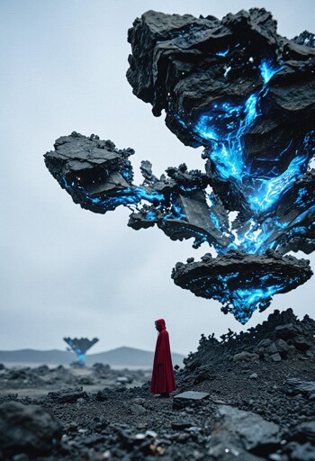 A lone figure in a flowing red cloak stands on barren, rocky ground, with enormous stone formations suspended in midair around them. The rocks are fractured and glowing from within with brilliant blue light that spills through the cracks. The sky above is heavy with clouds, muted and cold.