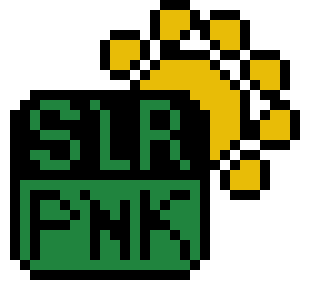 A pixel-art rendition of a SLRPNK Logo, with a sun peaking behind it