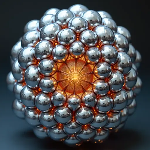 A sphere made of countless reflective silver orbs clusters tightly together, forming a shell. At the center, an exposed core radiates its orange glow outward, slipping through the gaps in the shell. The metallic spheres catch the light, creating a pattern of reflections around the whole structure.