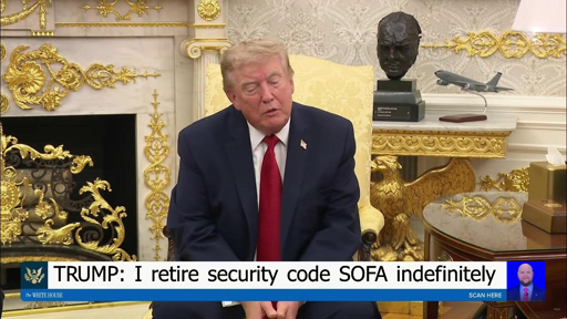 Donald Trump sits and talks something while being tired and concerned. The subtitle reads "I retire security code SOFA endefinitely". At the end of it we see a cursed bald face of JD Vance, that has a memetic alleged history of doing weird things with sofas in his viscinity.