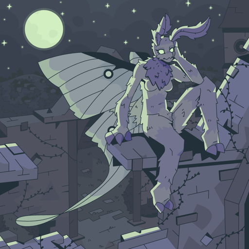 Anthropomorphic moth sitting on the ruins of some gothic architecture wile a full moon shines behind her, functioning as a rim light.