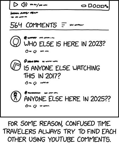 Image with sequence of YouTube messages, among which are visible "Who else is here in 2023?", "Is anyone else watching this in 2017?", "Anyone else here in 2025?". At the bottom the image caption: "For some reason, confused time travelers always try to find each other using YouTube comments."