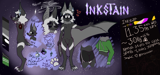 New reference sheet for Inkstain, the bat. They are 1.35m tall, and weigh more or less 30Kg. They have dark gray fur with white highlights, in the form of their hair, claws, pawpads and slanted stripes that wrap around their forearms and thighs. They have gray neck fur and wings, as well as a gray inner ear. Their hair is messy, and they wear big round glasses. Their eyes have black scleras with a white, hexagonal iris, although they have 2 pairs of extra eyes they keep hidden, but that reveal themselves when they cast spells. These have dark purple scleras with white star-like dots and thin slitted white pupils. Their tail is short, and when they're not naked they usually wear some shorts and a green crop-top hoodie. They like stargazing :3