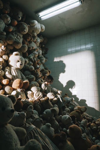 A small tiled room is packed from floor to ceiling with large teddy bears along two walls. In the center, a person in a light-colored outfit sits among them, partially lit by sunlight streaming in from an unseen window. The light creates a sharp shadow of both the person and the mound of teddy bears on the wall. 