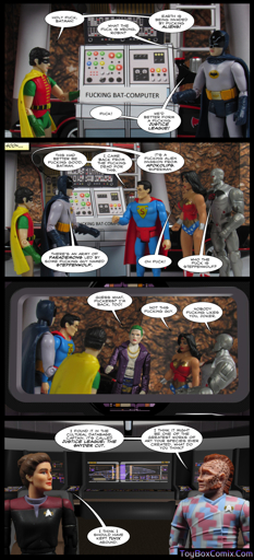 Four-panel comic strip made by photographing action figures. Panel 1: the 1960s versions of Batman and Robin in their Batcave. The Bat-computer in the background is labeled "Fucking Bat-Computer." Robin: "Holy fuck, Batman!" Batman: "What the fuck is wrong, Robin?" Robin: "Earth is being invaded by fucking aliens!" Batman: "Fuck! We'd better form a fucking Justice League!" Panel 2: Golden-age Superman, Wonder Woman, and Cyborg have joined the scene. Superman: "This had better be fucking good, Batman. I came back from the fucking dead for this." Batman: "It's a fucking alien invasion from Apokolips, Superman. There's an army of parademons led by some fucking guy named Steppenwolf." Wonder Woman: "Oh fuck!" Cyborg: "Who the fuck is Steppenwolf?" Panel 3: The Jared Leto version of the Joker has joined the scene. Joker: "Guess what, fuckers? I'm back, too!" Wonder Woman: "Not this fucking guy." Cyborg: "Nobody fucking likes you, Joker." Panel 4: Captain Janeway and Neelix of "Star Trek: Voyager" on the bridge of their starship. Neelix: "I found it in the cultural database, Captain. It's called 'Justice League: The Snyder Cut.' I think it might be one of the greatest works of art your species ever created. What do you think?" Janeway: "I think I should have kept Tuvix around."