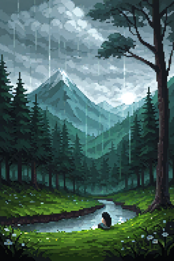 A lone figure sits beside a gentle river, surrounded by lush grass dotted with tiny white flowers. Tall evergreens rise on both sides, forming a natural corridor that leads the eye toward distant mountains. Rain falls in long streaks from stormy gray clouds, giving the scene a muted, contemplative mood.