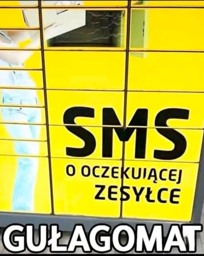 zdjęcie paczkomatu z błędem/przerobionym tekstem promocyjnym, puenta wstawiona standardową memową czcionką