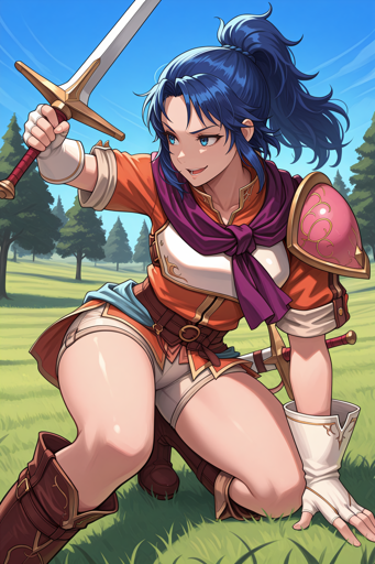 A young woman with blue eyes, dark blue hair tied in a high ponytail, and a smiling and kneeling on a grassy field while raising a silver sword. She is wearing orange and white armor with a purple scarf, a single pink pauldron on her left shoulder, brown leather boots, and white fingerless gloves. The background consists of a green meadow with scattered pine trees under a clear blue sky.